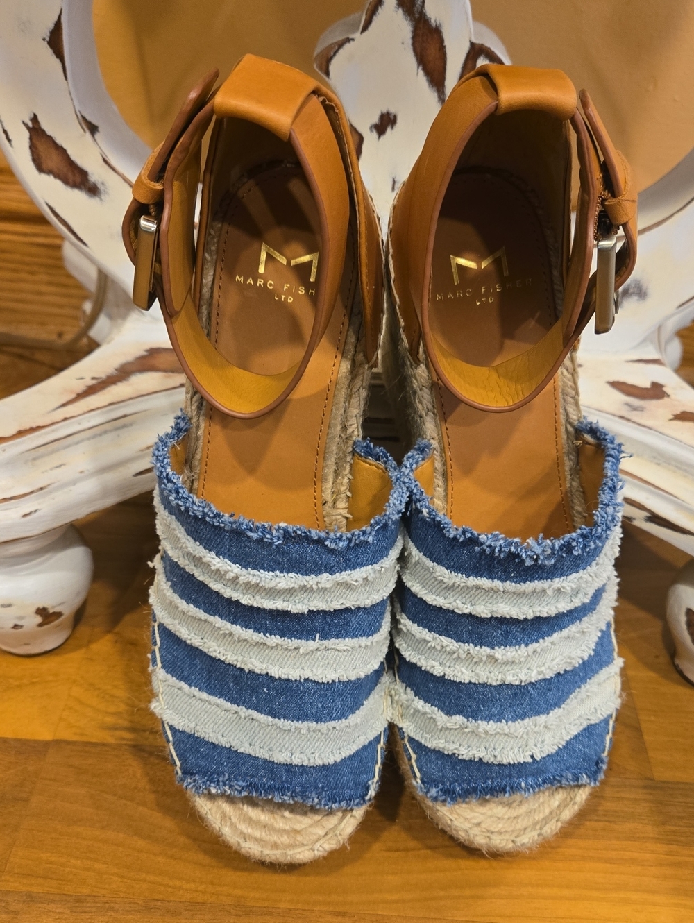 Marc Fisher Platform Espadrille Denim Wedge Sandals - Blue Stripe - Picture 2 of 6